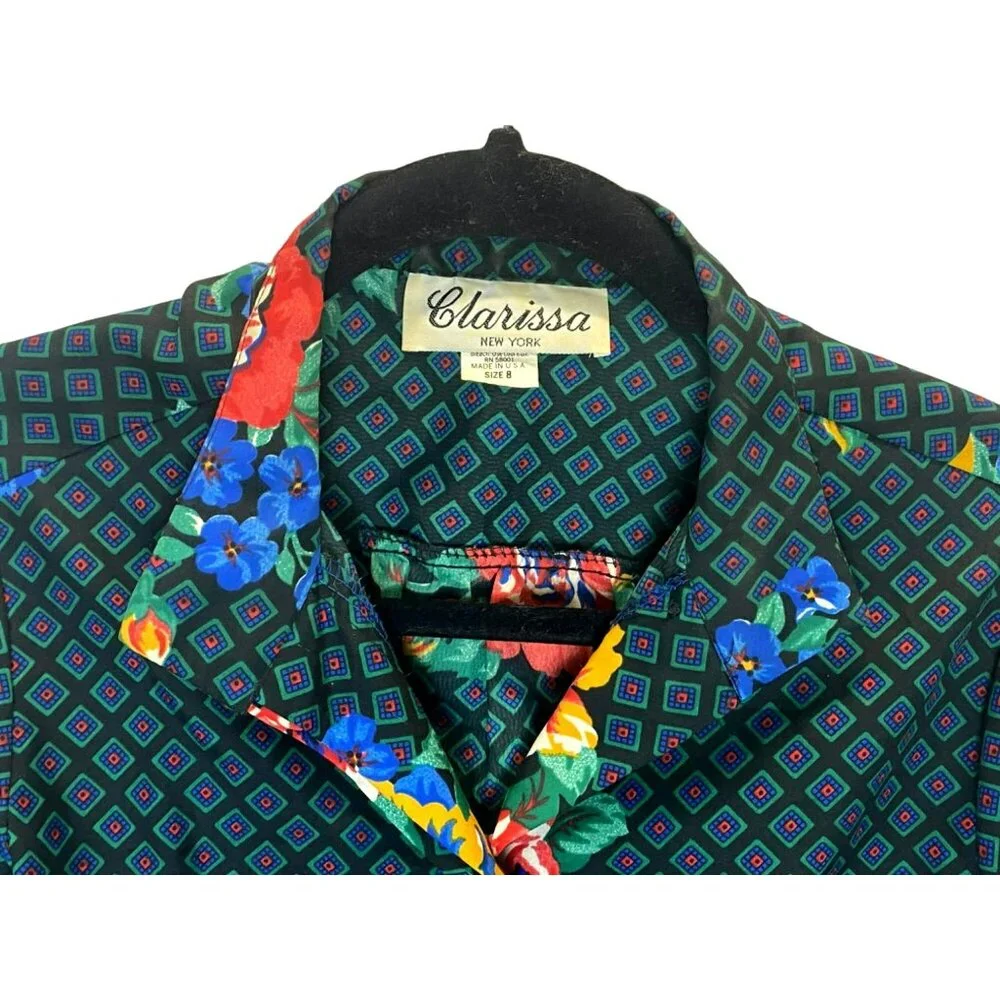 Vintage Clarissa Floral Black Button Up Blouse Shirt Womens Size 8 Secretary 80s - Picture 4 of 9